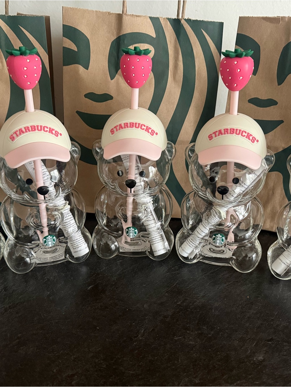 Starbucks Clear Bear Bottle with Pink Strawberry Topper and Cream Cap